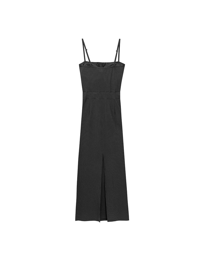 Buttoned Ribbed Knit Bodycon Padded Cami Maxi Dress