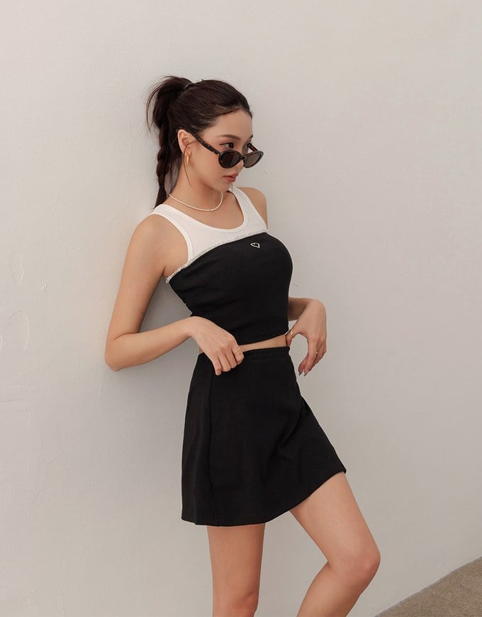 Heart Embroidery Ribbed Padded Tube Top and Basic A Line Mini Skirt Set Wear
