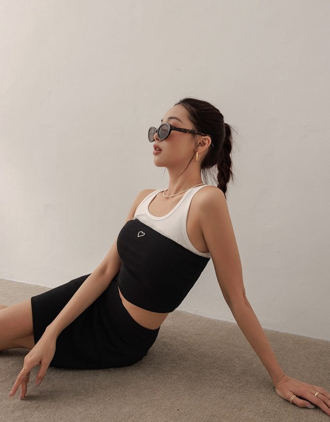 Heart Embroidery Ribbed Padded Tube Top and Basic A Line Mini Skirt Set Wear