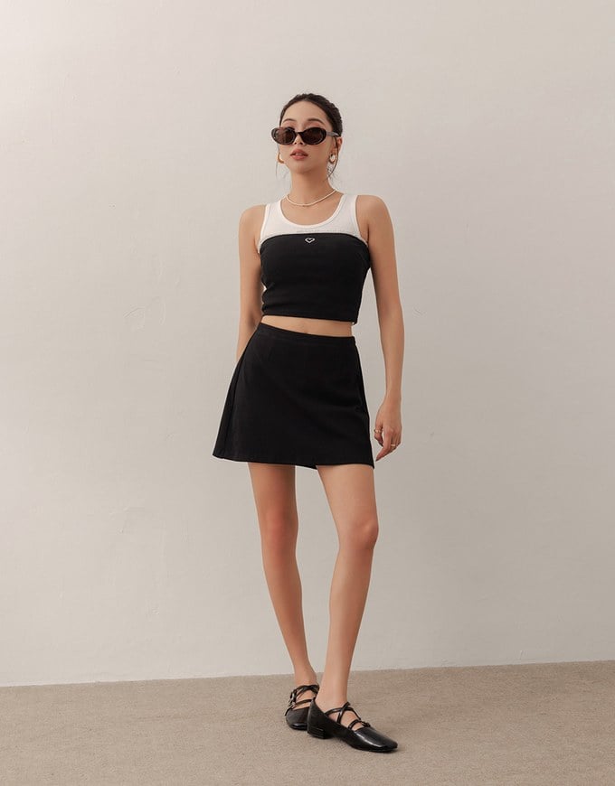 Heart Embroidery Ribbed Padded Tube Top and Basic A Line Mini Skirt Set Wear
