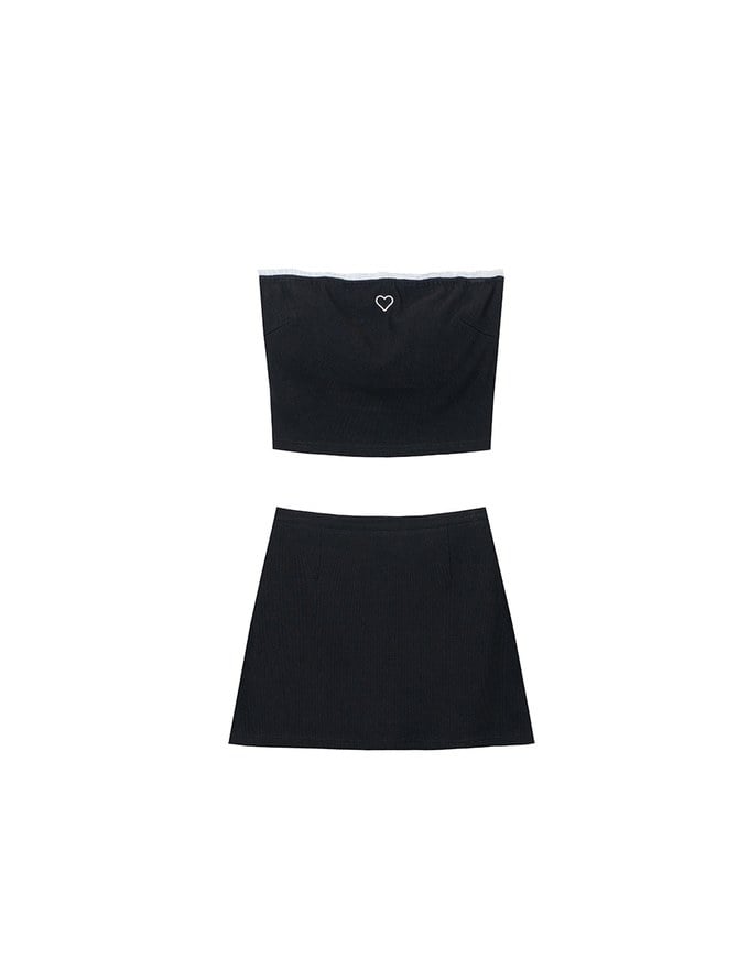Heart Embroidery Ribbed Padded Tube Top and Basic A Line Mini Skirt Set Wear