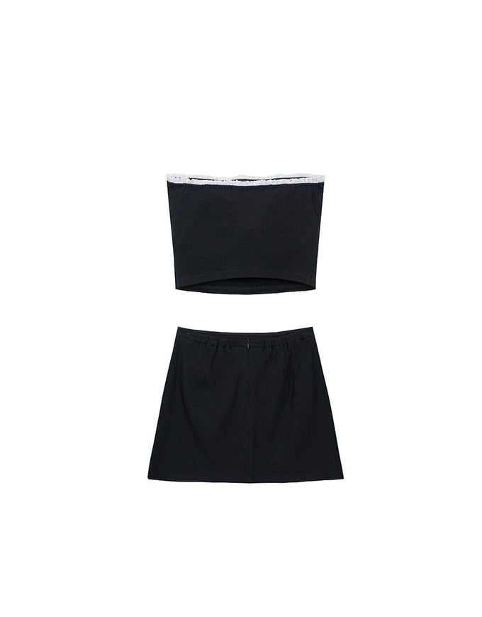 Heart Embroidery Ribbed Padded Tube Top and Basic A Line Mini Skirt Set Wear