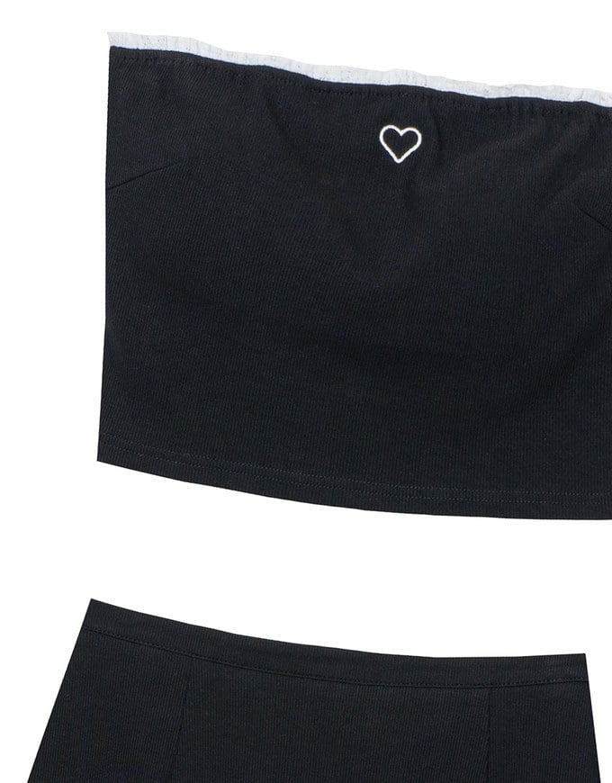 Heart Embroidery Ribbed Padded Tube Top and Basic A Line Mini Skirt Set Wear