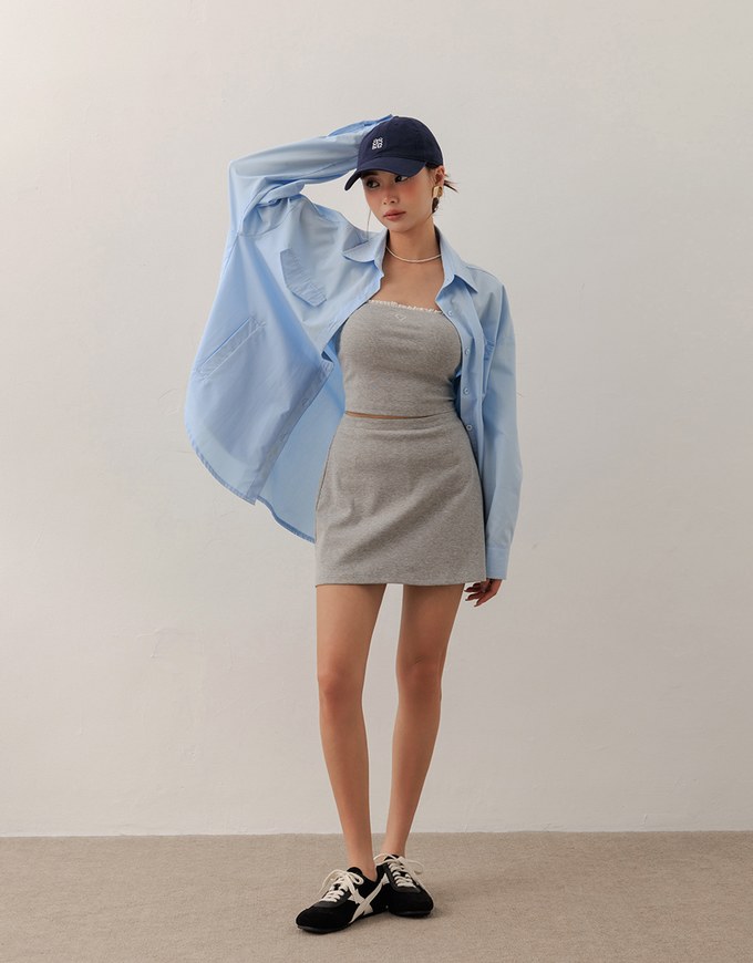 Heart Embroidery Ribbed Padded Tube Top and Basic A Line Mini Skirt Set Wear