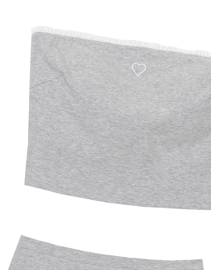 Heart Embroidery Ribbed Padded Tube Top and Basic A Line Mini Skirt Set Wear