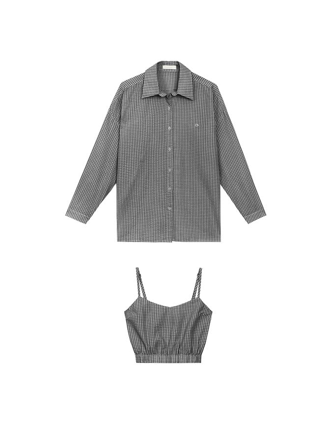 Gingham Outerwear Shirt and Elastic Hem Crop Top Set Wear