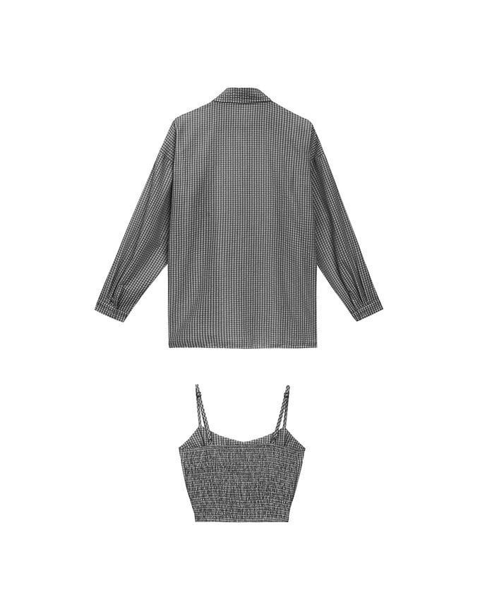 Gingham Outerwear Shirt and Elastic Hem Crop Top Set Wear