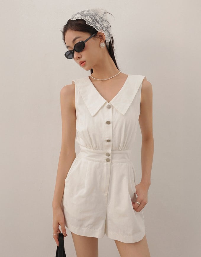Sailor Collar Sleeveless Button Front Jumsuit