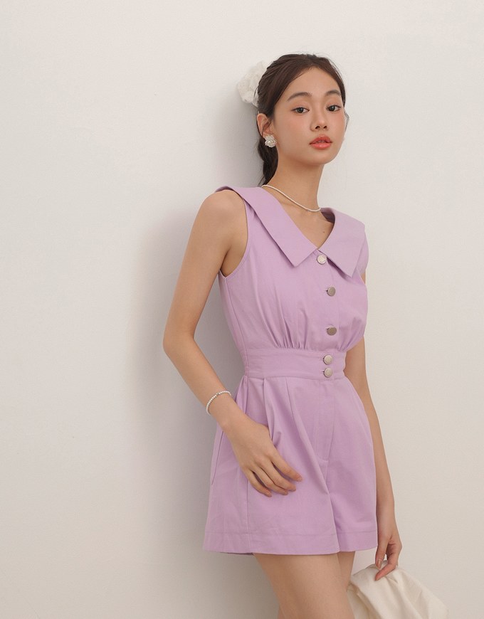Sailor Collar Sleeveless Button Front Jumsuit