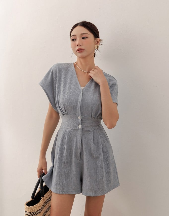 Soft Crinkle Textured V Neck Cinched Waist Jumpsuit