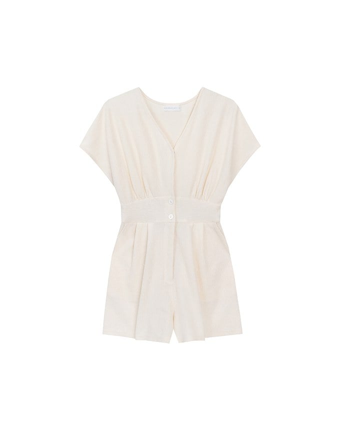 Soft Crinkle Textured V Neck Cinched Waist Jumpsuit