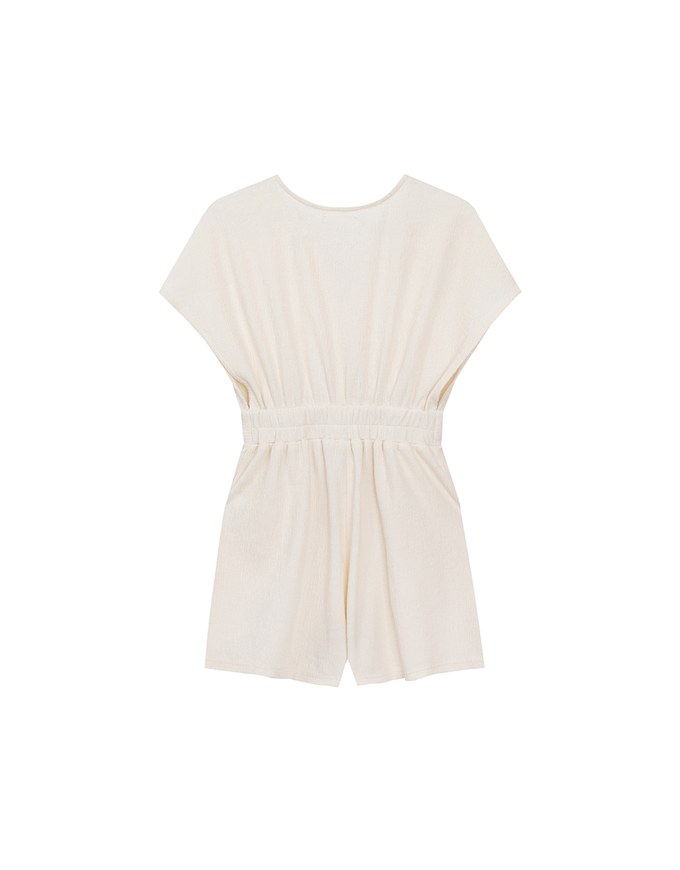 Soft Crinkle Textured V Neck Cinched Waist Jumpsuit