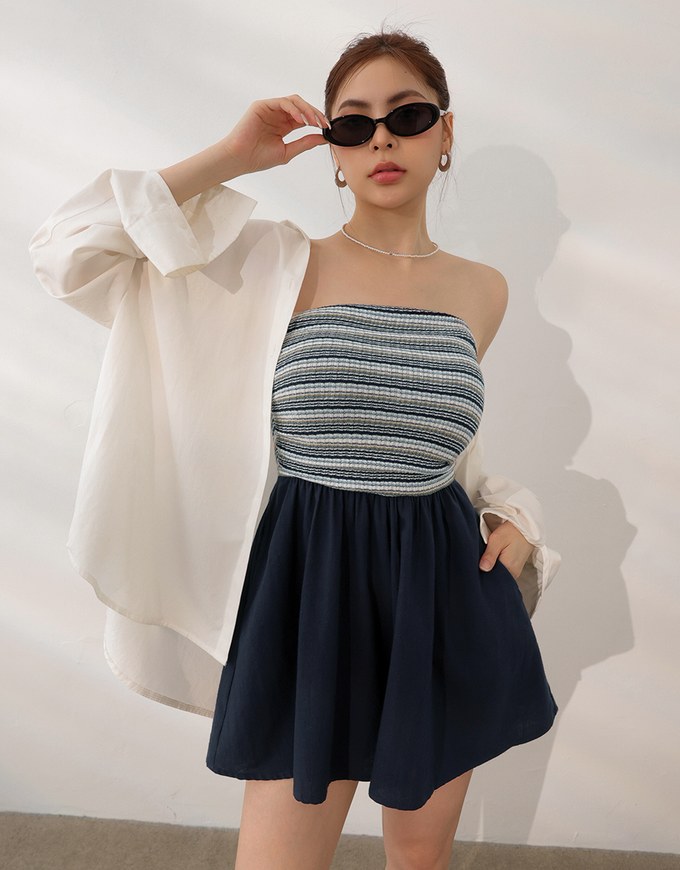 Colorful Knit Striped Texture Bandeau Padded Jumpsuit with Flowy Flared Shorts
