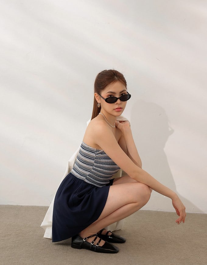 Colorful Knit Striped Texture Bandeau Padded Jumpsuit with Flowy Flared Shorts