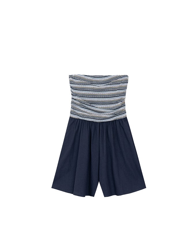 Colorful Knit Striped Texture Bandeau Padded Jumpsuit with Flowy Flared Shorts