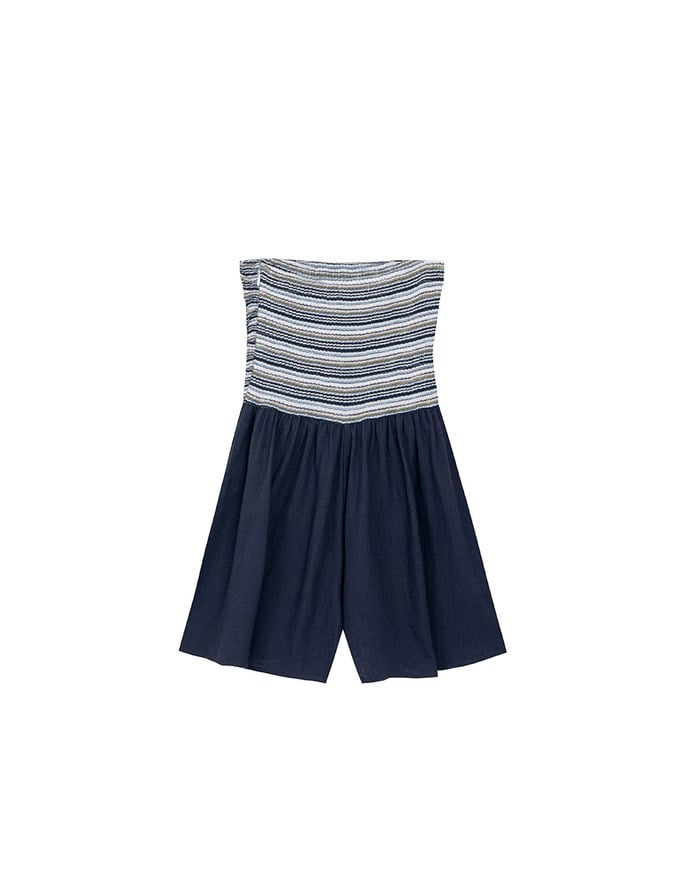 Colorful Knit Striped Texture Bandeau Padded Jumpsuit with Flowy Flared Shorts