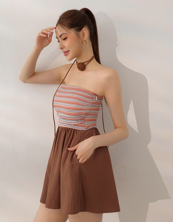 Colorful Knit Striped Texture Bandeau Padded Jumpsuit with Flowy Flared Shorts