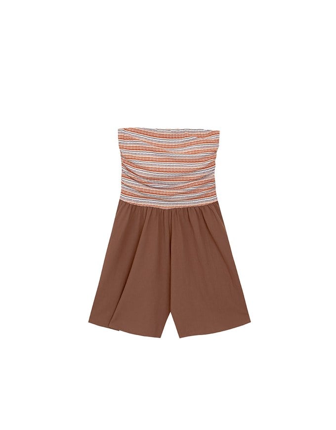 Colorful Knit Striped Texture Bandeau Padded Jumpsuit with Flowy Flared Shorts
