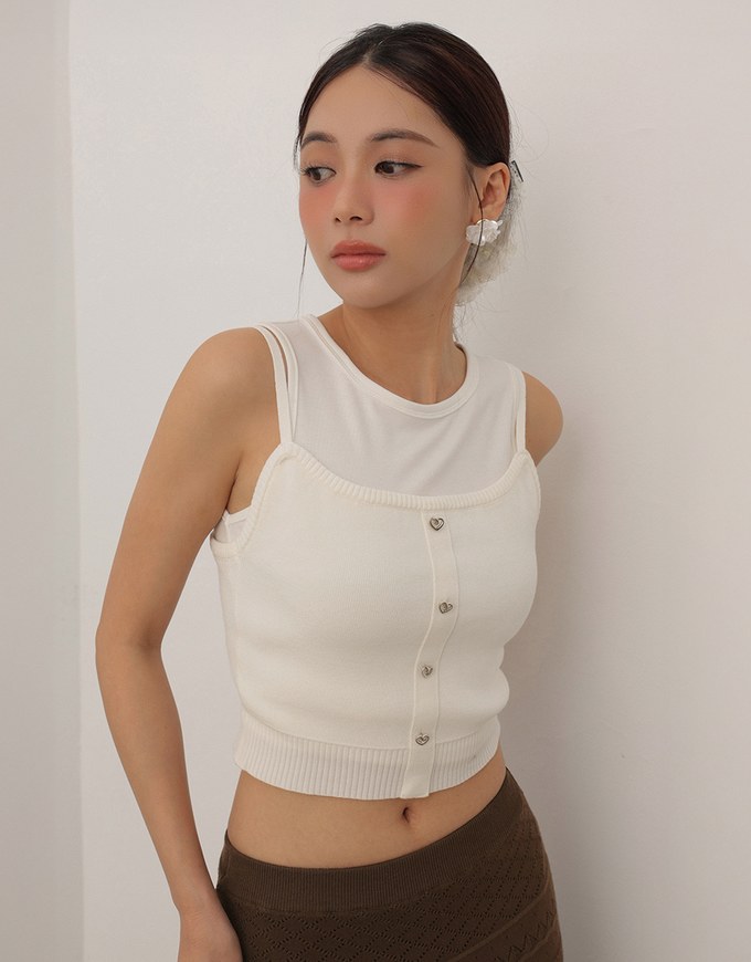 Heart Shaped Button Stretch Ribbed Knit Cami Crop Top