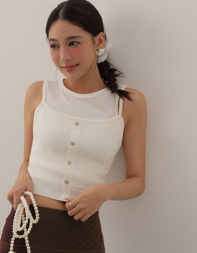 Heart Shaped Button Stretch Ribbed Knit Cami Crop Top