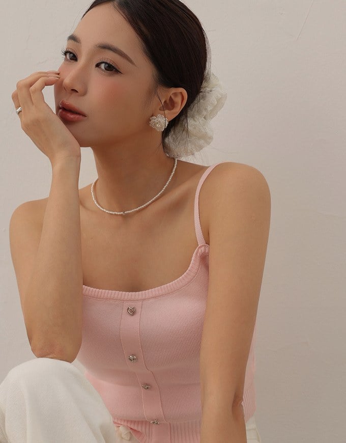 Heart Shaped Button Stretch Ribbed Knit Cami Crop Top