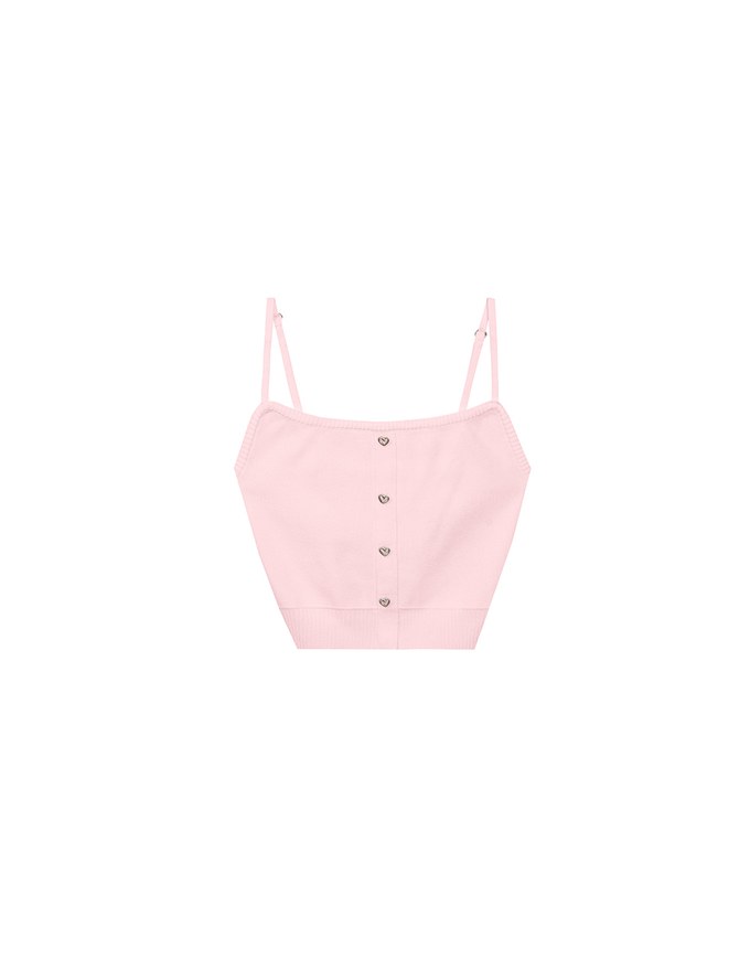 Heart Shaped Button Stretch Ribbed Knit Cami Crop Top