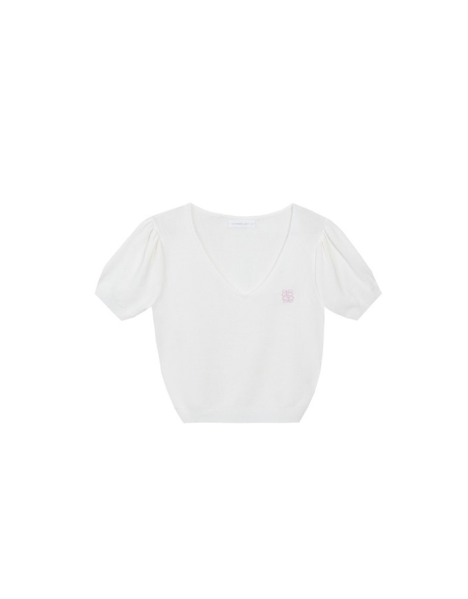 AIR SPACE Logo Embroidered V Neck Short Sleeve Knit Top