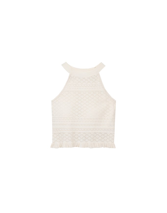 Argyle Textured Knit Halter Neck Cropped Top with Frill Hem Detail