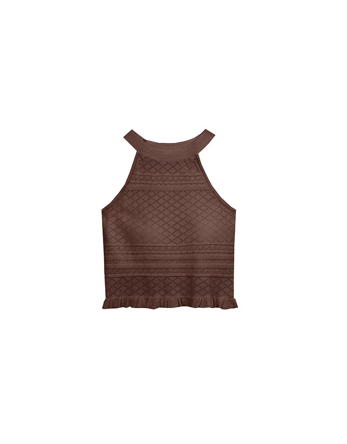 Argyle Textured Knit Halter Neck Cropped Top with Frill Hem Detail
