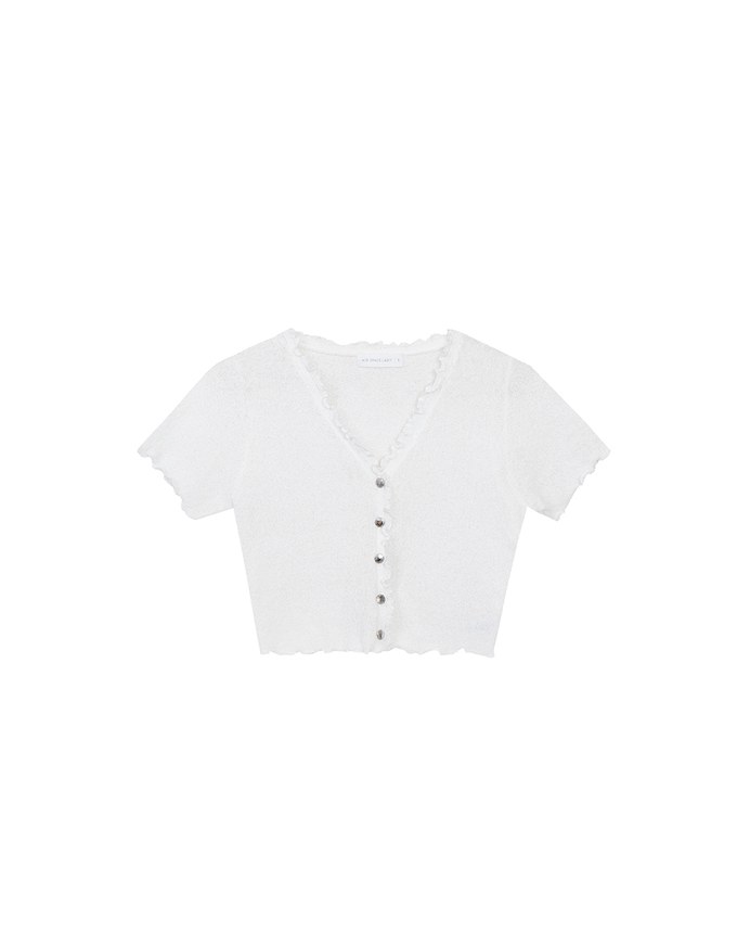 V Neck Ruffle Detail Stretch Knit Button Front Cropped Top