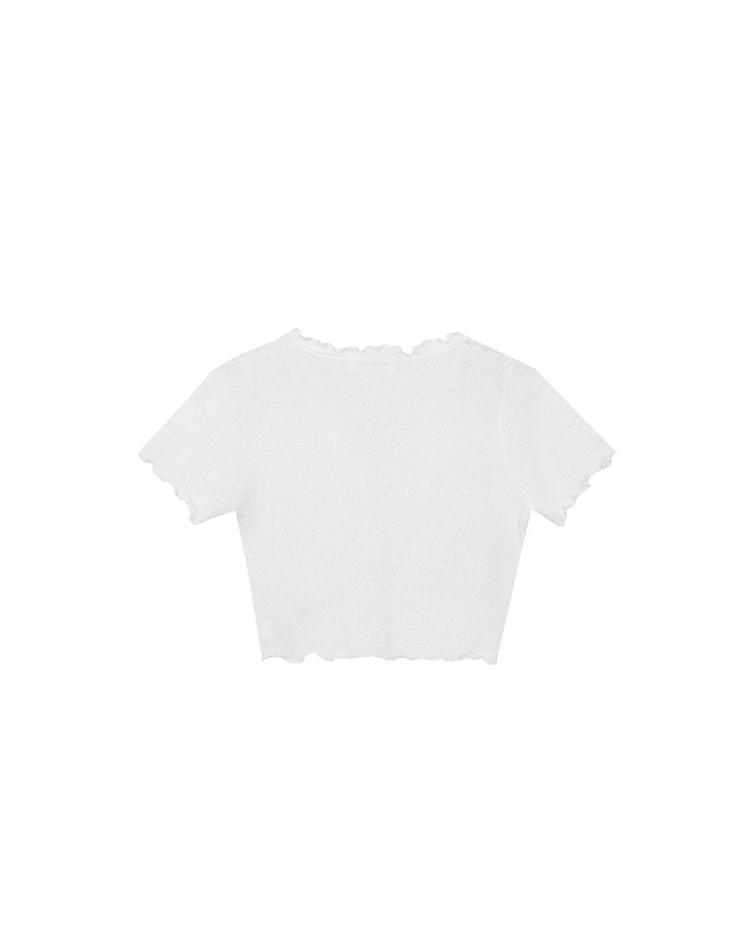 V Neck Ruffle Detail Stretch Knit Button Front Cropped Top