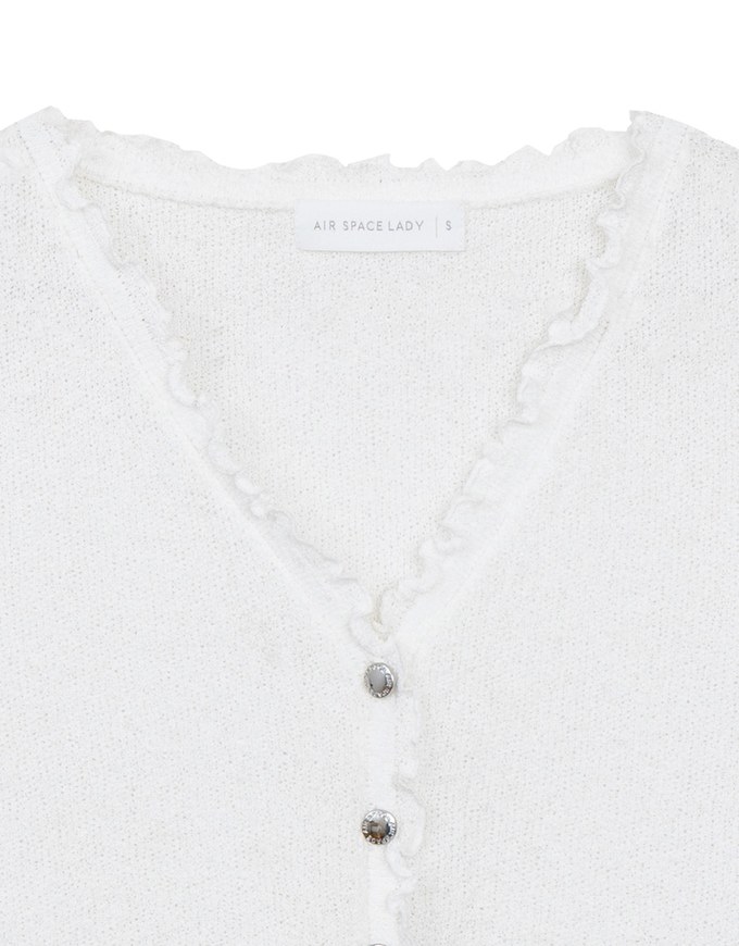 V Neck Ruffle Detail Stretch Knit Button Front Cropped Top