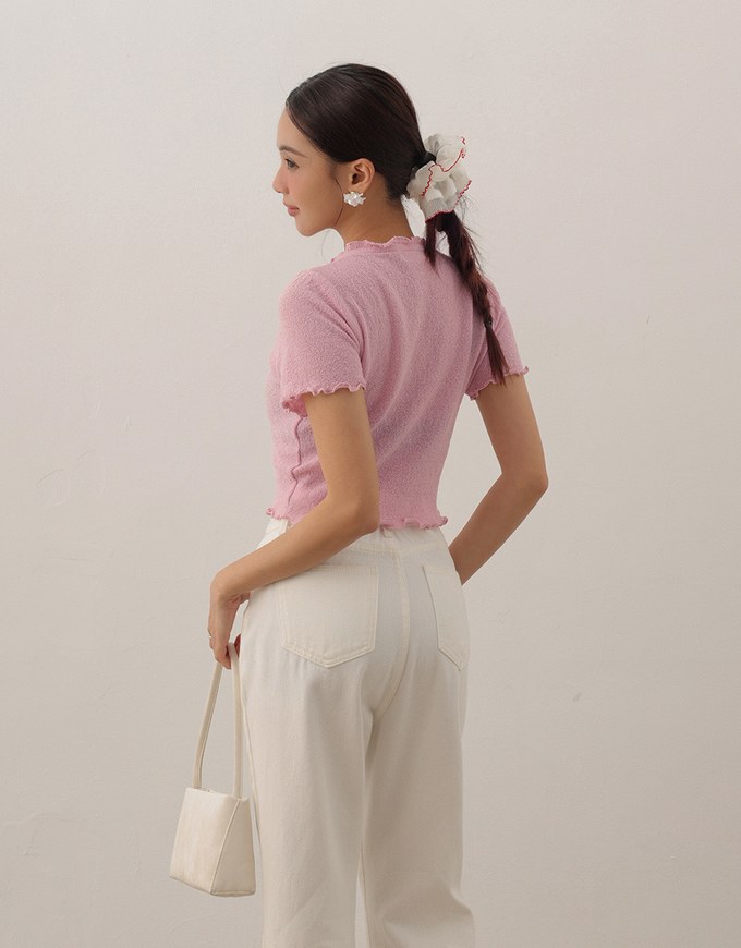 V Neck Ruffle Detail Stretch Knit Button Front Cropped Top