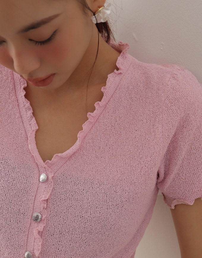 V Neck Ruffle Detail Stretch Knit Button Front Cropped Top