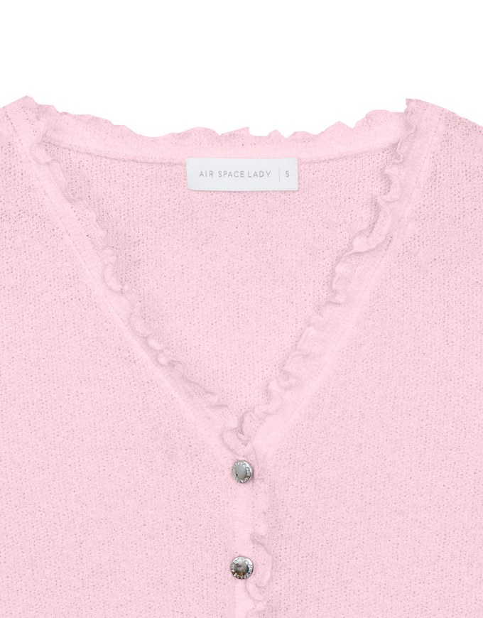 V Neck Ruffle Detail Stretch Knit Button Front Cropped Top