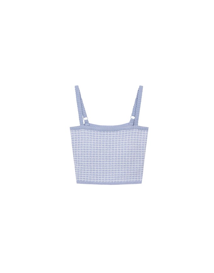 Checkered Texture Adjustable Strap Ribbed Knit Padded Crop Top