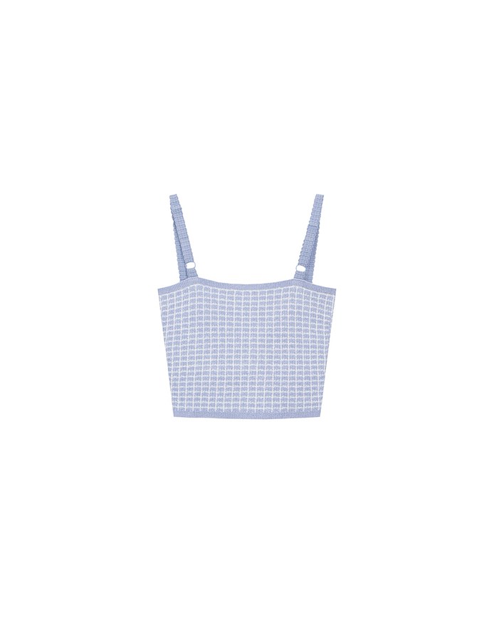 Checkered Texture Adjustable Strap Ribbed Knit Padded Crop Top
