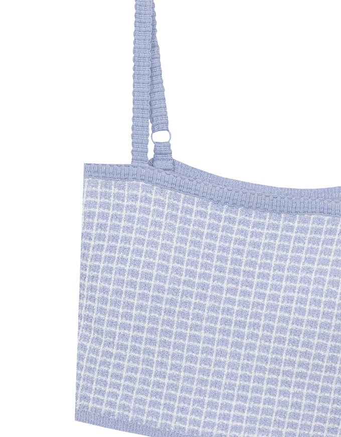 Checkered Texture Adjustable Strap Ribbed Knit Padded Crop Top
