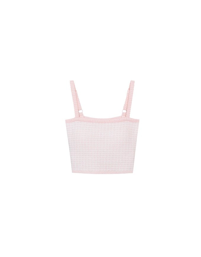 Checkered Texture Adjustable Strap Ribbed Knit Padded Crop Top