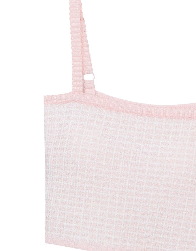 Checkered Texture Adjustable Strap Ribbed Knit Padded Crop Top
