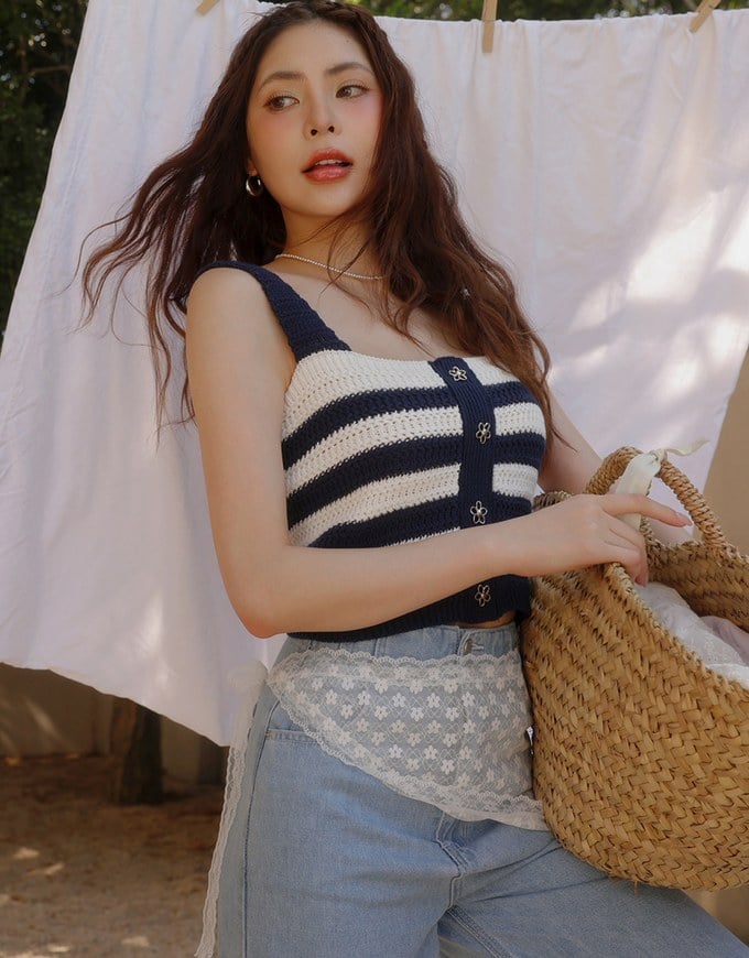 Striped Crochet Knit Tank Top with Flower Button Accents