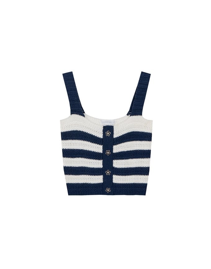 Striped Crochet Knit Tank Top with Flower Button Accents