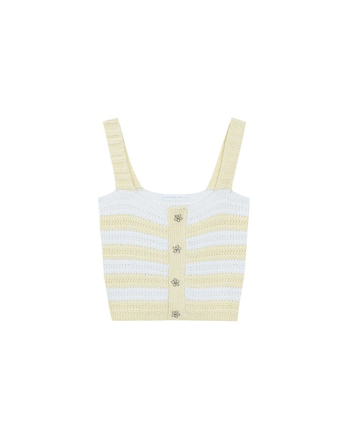Striped Crochet Knit Tank Top with Flower Button Accents