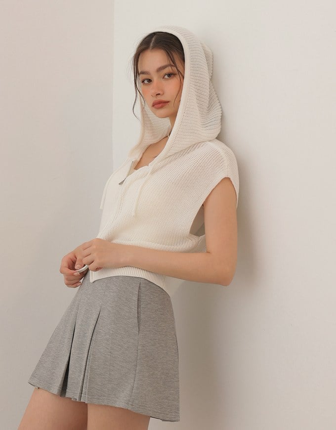 Sleeveless Knitted Zip Up Hoodie Vest Top