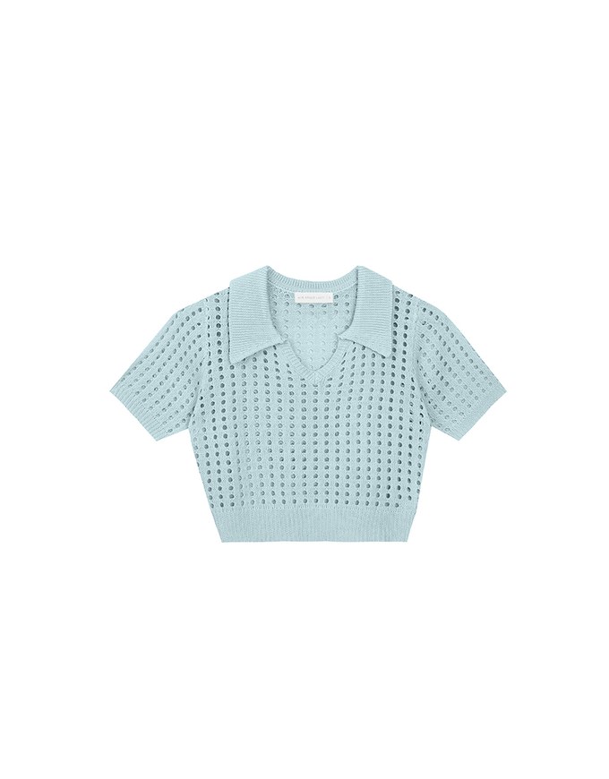 Short Sleeve V Neck Hollow Out Knit Crop Polo Top