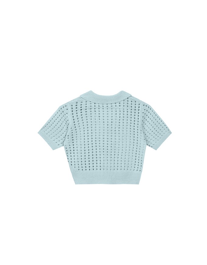 Short Sleeve V Neck Hollow Out Knit Crop Polo Top