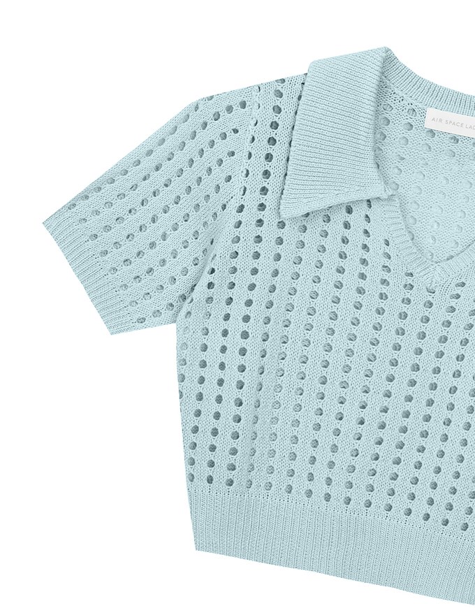 Short Sleeve V Neck Hollow Out Knit Crop Polo Top