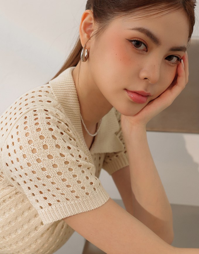 Short Sleeve V Neck Hollow Out Knit Crop Polo Top