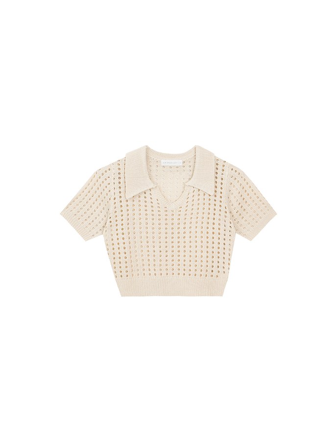 Short Sleeve V Neck Hollow Out Knit Crop Polo Top