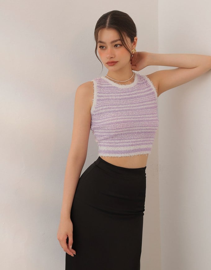 Textured Fringe Edge Striped Knit Cropped Tank Top